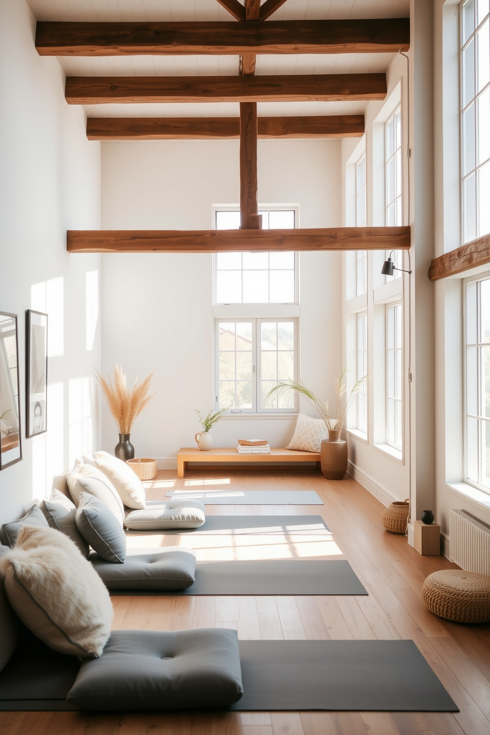 Tranquil yoga studio with natural light. The space is filled with soft, neutral tones and large windows that allow sunlight to flood in, creating a serene atmosphere. Attic design ideas. The area features exposed wooden beams, cozy seating nooks with plush cushions, and a blend of modern and rustic decor elements to maximize comfort and style.