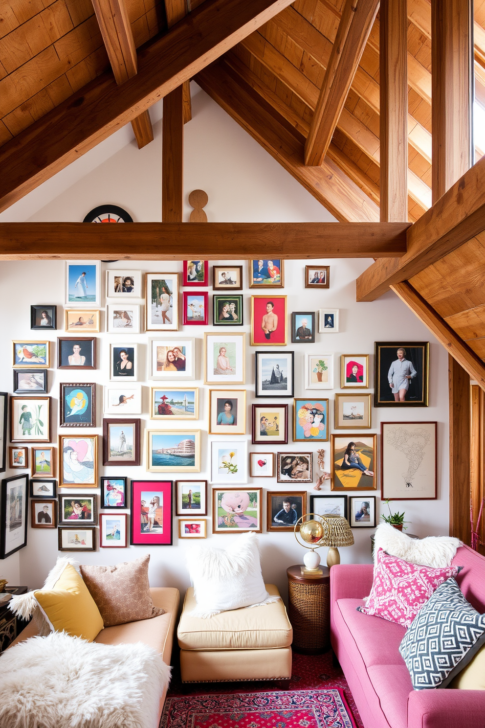 An eclectic gallery wall features a mix of framed artwork, photographs, and personal mementos arranged in a visually appealing layout. The wall is painted in a soft white color, allowing the vibrant colors of the art to stand out while adding character to the space. The attic design incorporates cozy nooks with plush seating and large windows that flood the area with natural light. Exposed wooden beams and a warm color palette create an inviting atmosphere, perfect for relaxation or creative pursuits.