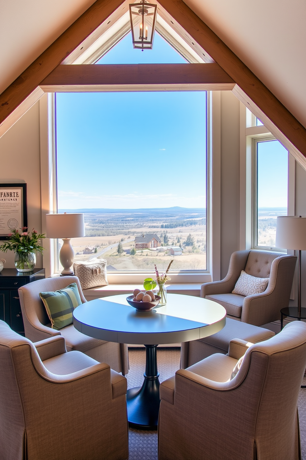 Inviting breakfast nook with scenic views. A cozy round table is surrounded by plush upholstered chairs, and large windows frame a picturesque landscape outside. Attic design ideas. The space features exposed beams and a soft color palette, with a comfortable reading nook created by a stylish armchair and a small bookshelf.