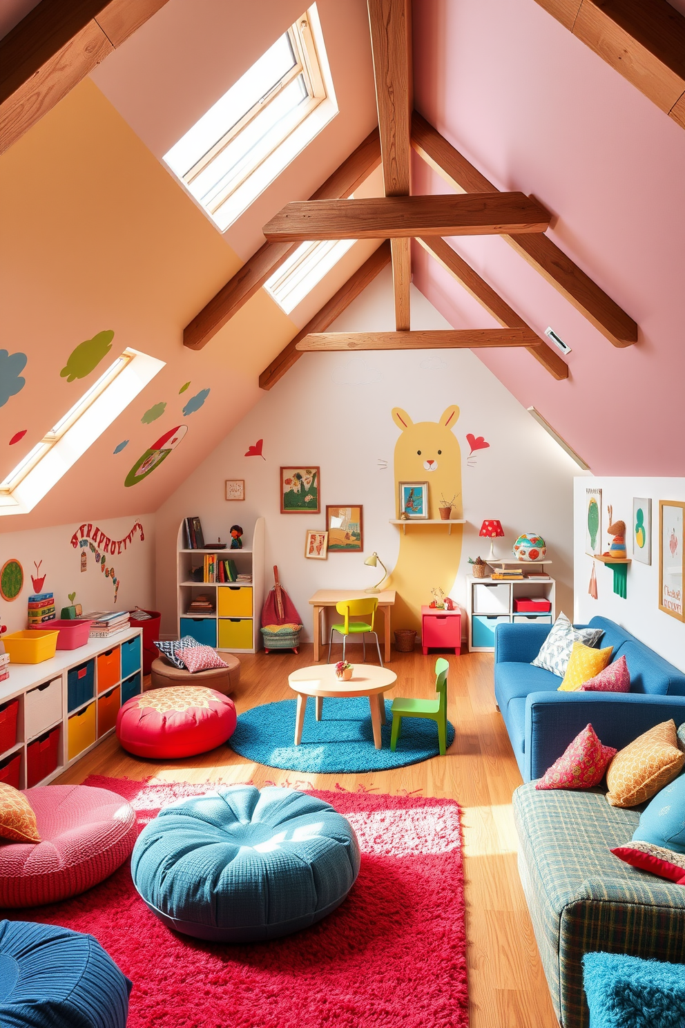 A playful children's playroom filled with vibrant colors and whimsical decor. Soft, cushioned furniture in various shapes is scattered throughout the space, with bright rugs covering the floor. The walls are adorned with cheerful murals and playful artwork, creating an inviting atmosphere. Storage solutions are cleverly integrated, featuring colorful bins and shelves for toys and books. Cozy nooks with bean bags and cushions provide perfect reading spots. A small table is set up for arts and crafts, surrounded by colorful chairs. --- For attic design ideas, envision a cozy and inviting space that maximizes natural light. Skylights brighten the area, while exposed beams add character and charm. The design incorporates comfortable seating areas with plush sofas and a small coffee table. Warm colors and soft textures create a welcoming environment for relaxation. Functional storage solutions are cleverly tucked under the eaves, maintaining a tidy appearance. A small workspace with a desk and chair is included for productivity in this serene retreat.