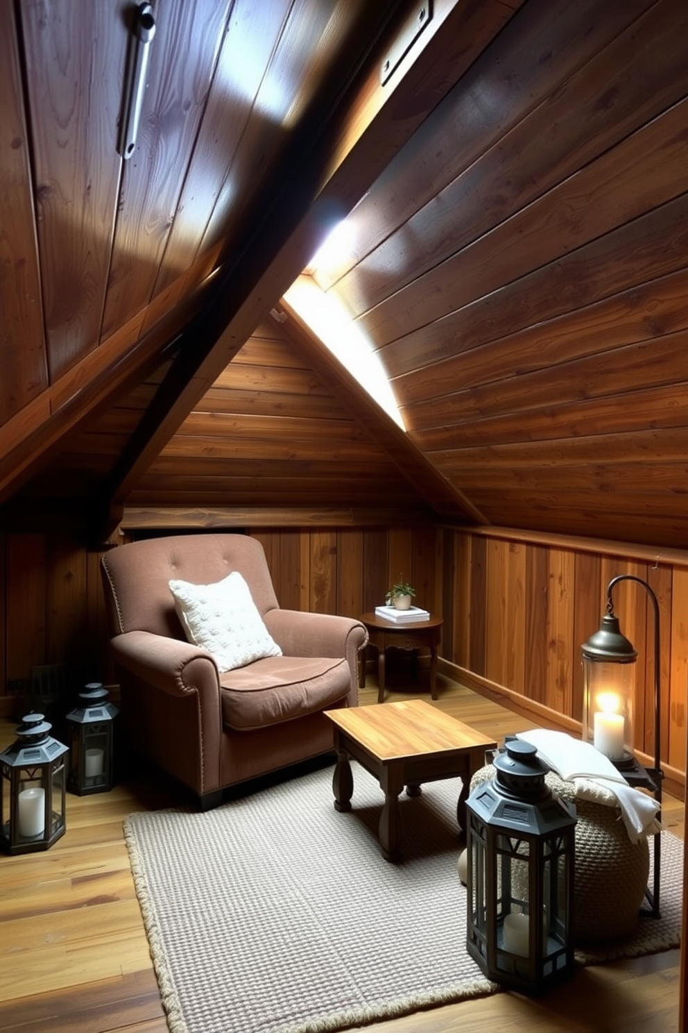 A cozy attic space designed in rustic cabin style featuring reclaimed wood beams and paneling. The room is adorned with a plush, oversized armchair and a small wooden coffee table, creating a perfect reading nook. Natural light floods the area through a skylight, highlighting the warm tones of the wood. A woven rug adds texture to the floor, while vintage lanterns provide soft lighting for evening relaxation.