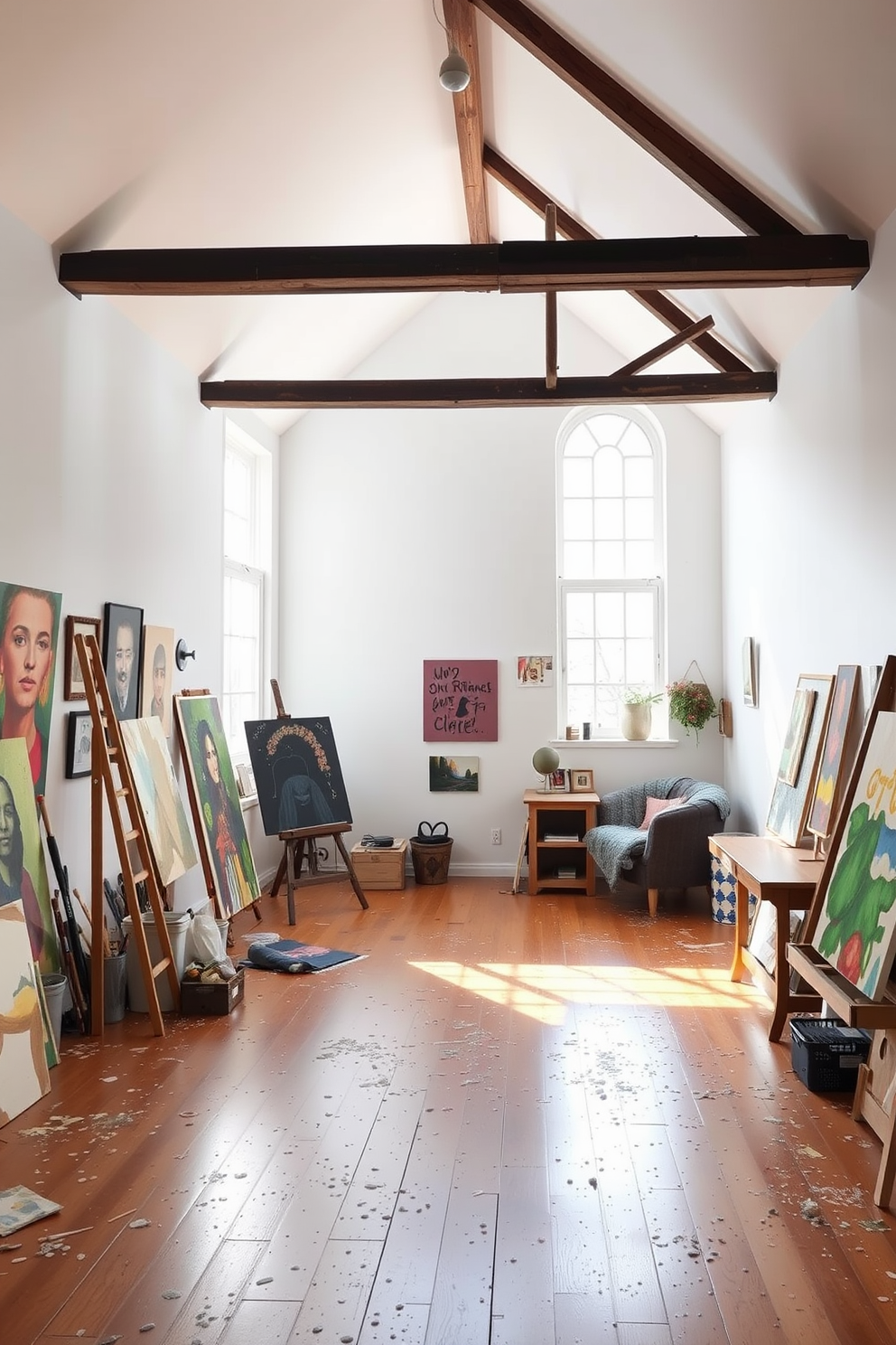 A bright art studio filled with natural light streaming through large windows. The walls are painted white, showcasing vibrant artwork, and the floor is a polished wooden surface scattered with paint splatters. An inviting attic space transformed into a cozy retreat. Exposed beams create a rustic charm, while soft lighting and plush furnishings make it a perfect spot for relaxation and creativity.