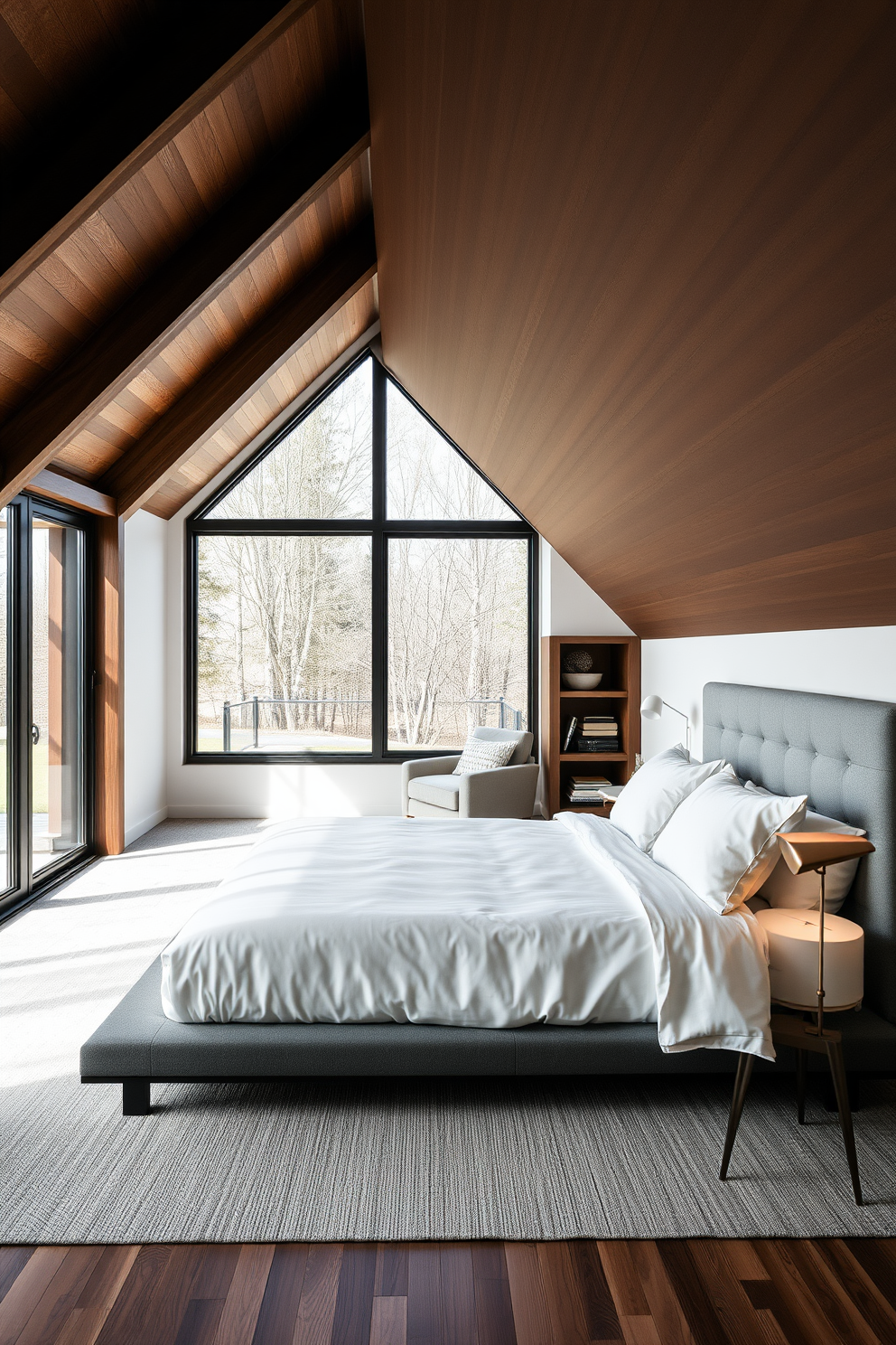 A sleek modern bedroom features a low-profile platform bed with crisp white linens and a geometric headboard. Large windows allow natural light to flood the space, highlighting the minimalist decor and a neutral color palette. In this attic design, the sloped ceilings are adorned with wooden beams, creating a cozy yet spacious atmosphere. A small reading nook with a plush chair and a built-in bookshelf adds functionality and charm to the room.