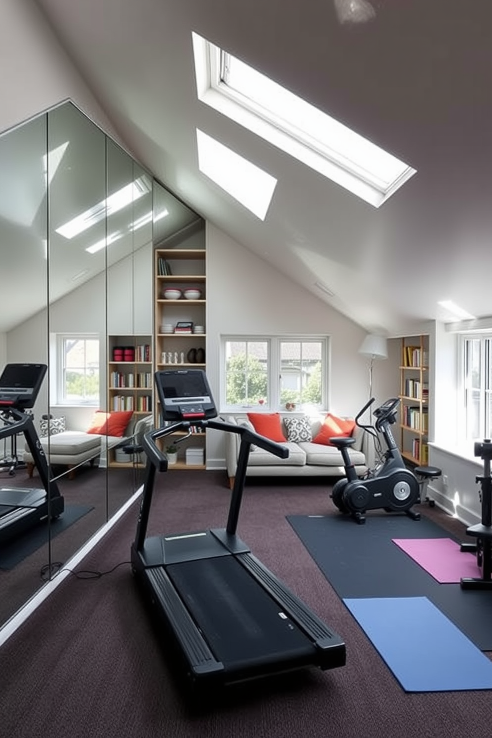 A functional home gym with mirrored walls. The space features high-quality exercise equipment, including a treadmill, weights, and yoga mats, with natural light streaming in through large windows. Attic design ideas that maximize space and light. The design includes cozy seating areas, built-in bookshelves, and skylights that create an inviting atmosphere while maintaining the charm of the sloped ceiling.