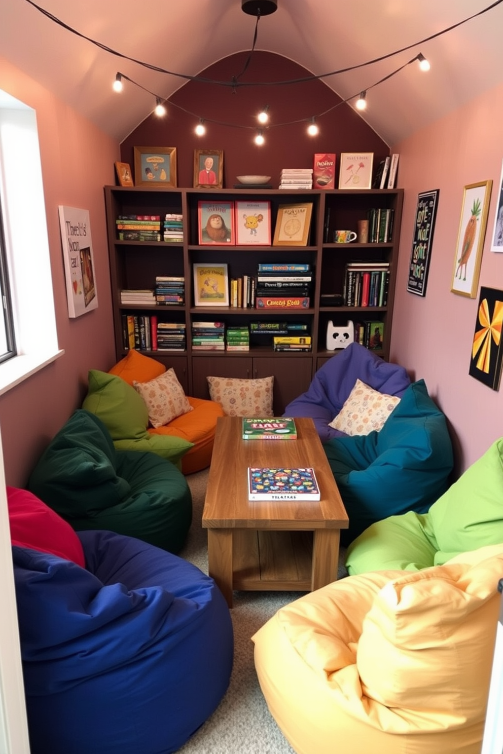 Cozy nook with bean bags and games. The space is filled with colorful bean bags arranged around a low wooden table, creating an inviting atmosphere for relaxation and play. The walls are adorned with playful artwork and shelves filled with board games and books. Soft lighting from string lights above adds warmth, making it a perfect retreat for family and friends.