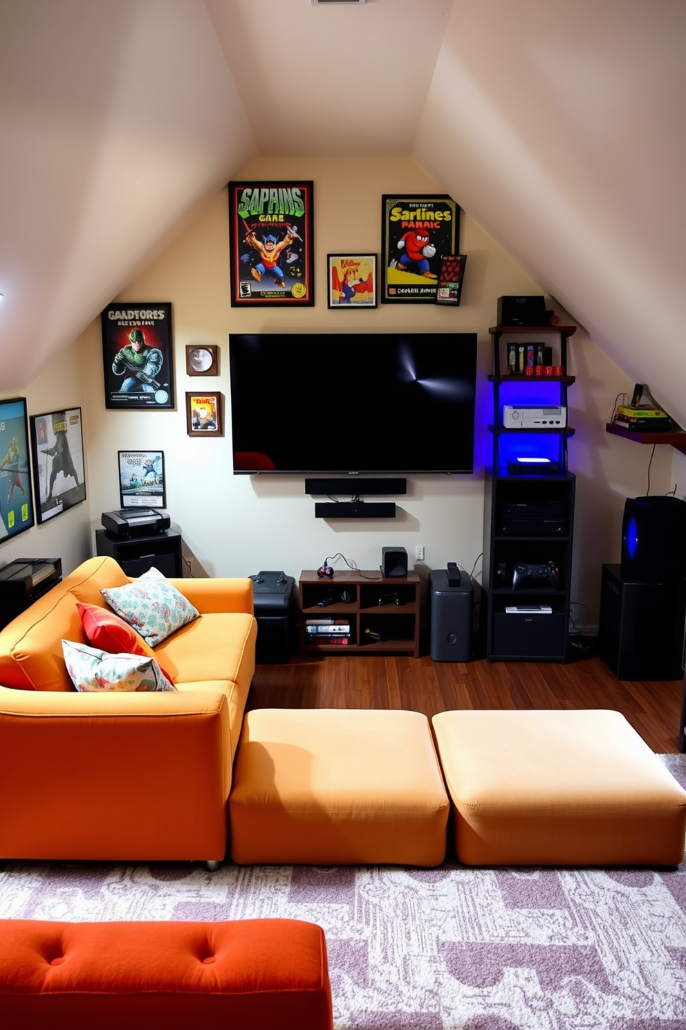 A cozy attic game room designed with a retro video game theme. The walls are adorned with framed posters of classic games and shelves filled with vintage game consoles and memorabilia. A large, plush sectional sofa in a vibrant color faces a wall-mounted flat-screen TV. The floor is covered with a soft area rug featuring pixelated patterns, creating a comfortable space for gaming sessions.