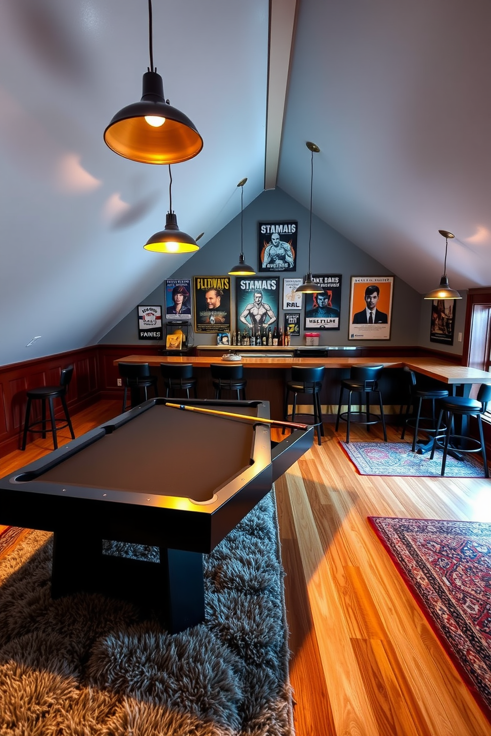 A stylish attic game room featuring a sleek pool table at the center. Surrounding the table, there is a bar-style seating area with high stools and a rustic wooden bar. The walls are adorned with vintage gaming posters, and warm pendant lights hang from the ceiling. Plush area rugs add comfort underfoot, creating an inviting atmosphere for friends and family to enjoy.