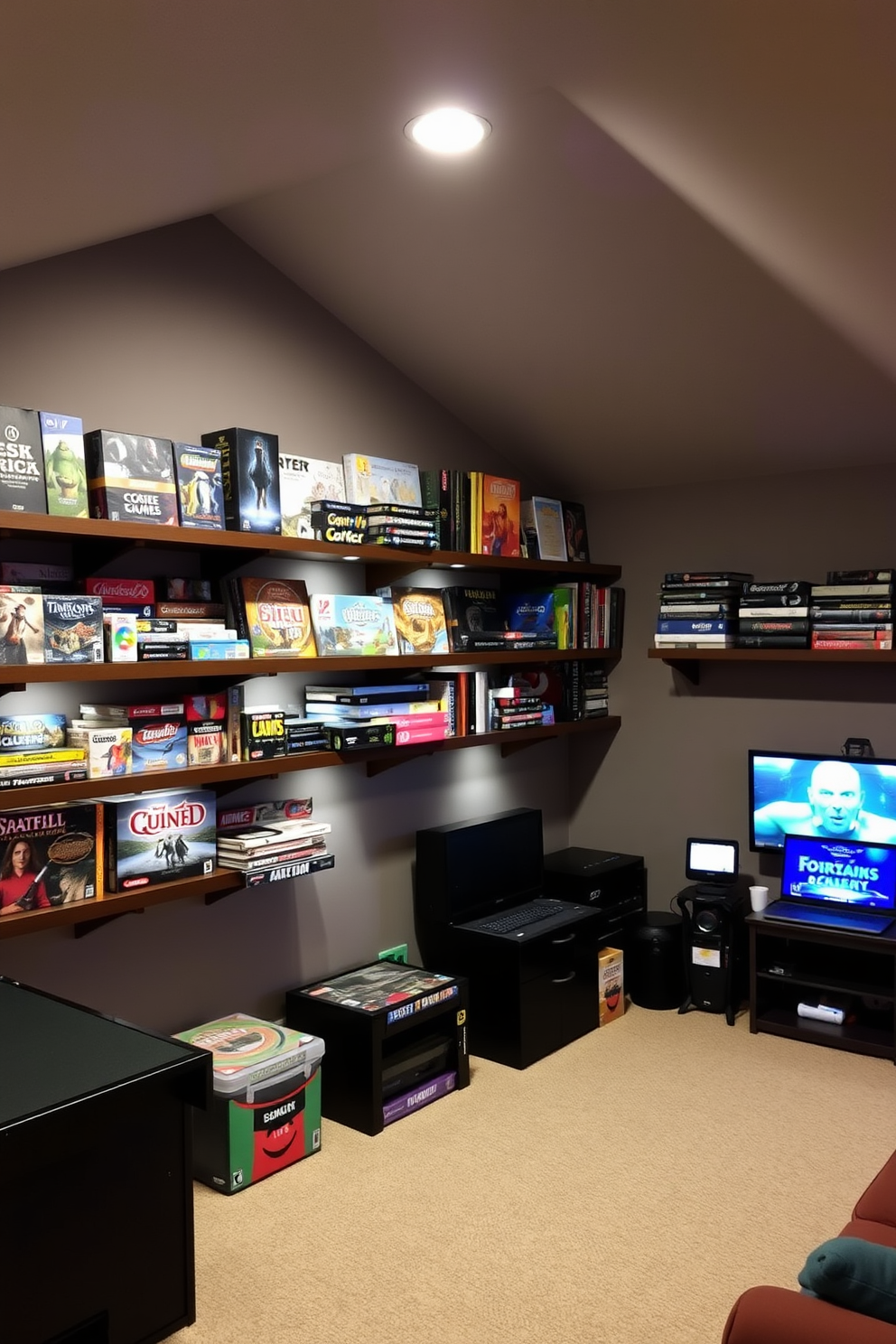 A cozy attic game room featuring wall-mounted shelves filled with a diverse collection of board games and video games. The walls are painted in a warm gray tone, and soft lighting illuminates the space, creating an inviting atmosphere for gaming enthusiasts.