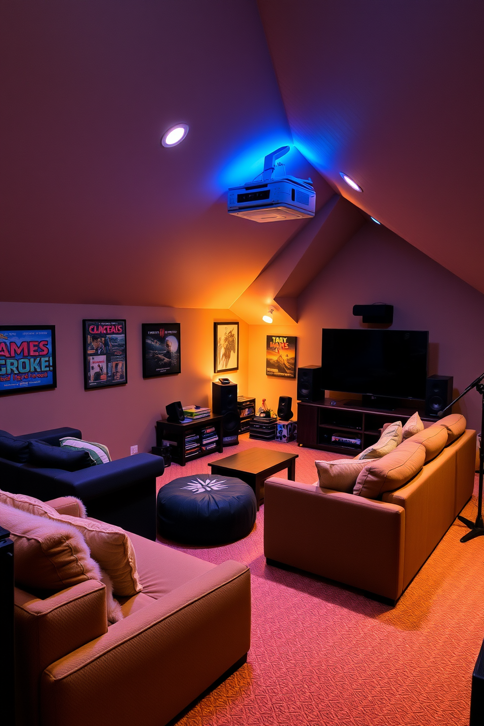 A cozy attic game room with an integrated sound system for an immersive experience. The space features comfortable seating with plush sofas and bean bags arranged around a large flat-screen TV. The walls are adorned with colorful artwork and shelves filled with board games and books. Ambient lighting creates a warm atmosphere, while the sound system enhances the gaming experience with rich audio.