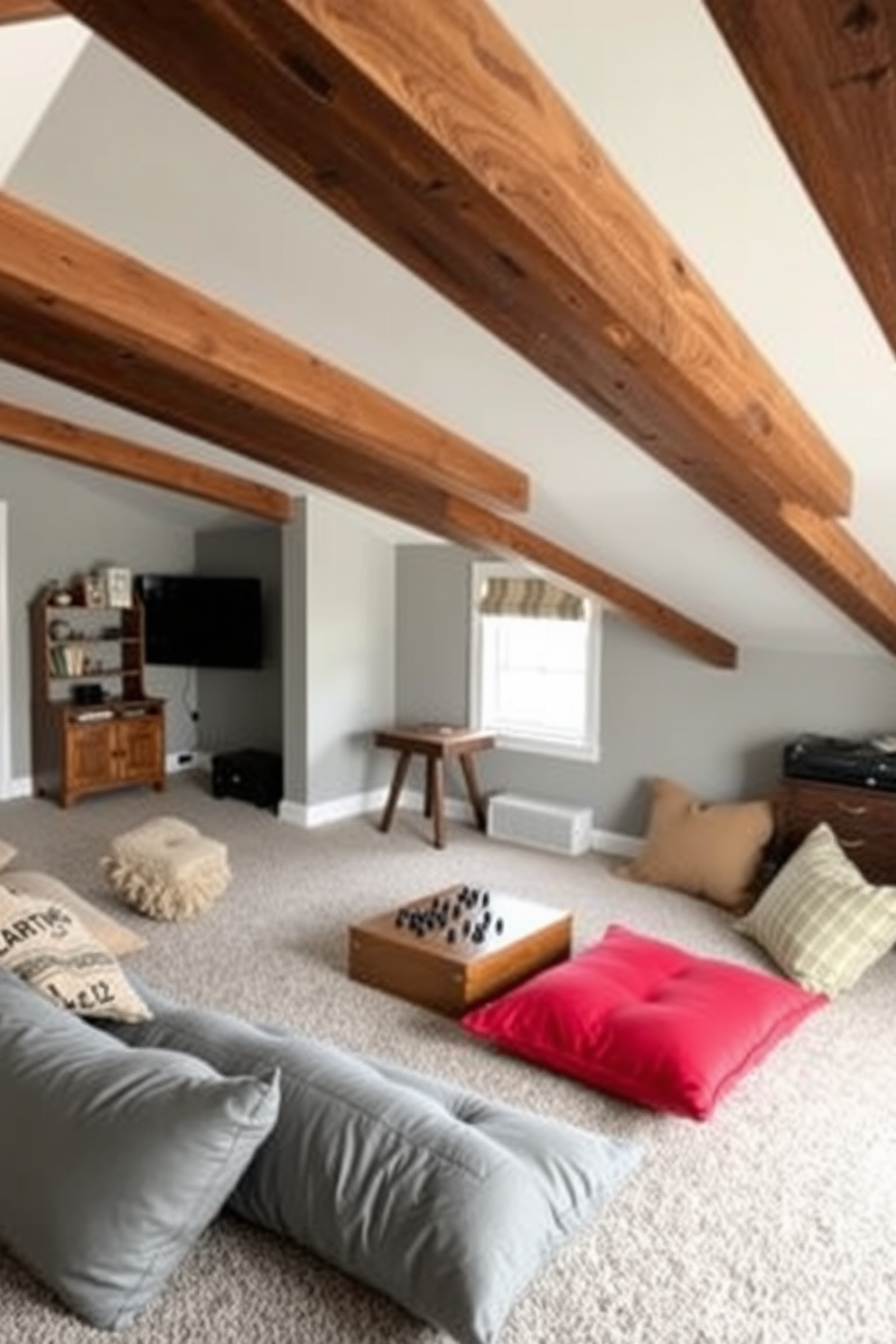 A cozy attic game room featuring floor cushions arranged in a casual layout for gaming. The walls are painted in a soft gray, and the ceiling is adorned with exposed wooden beams, creating a warm and inviting atmosphere.