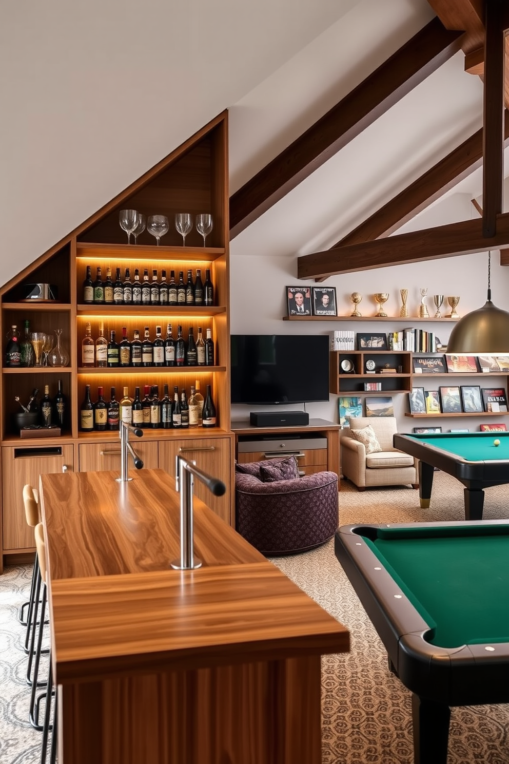 A stylish mini bar for snacks and drinks. It features a sleek wooden countertop with bar stools, shelves stocked with various beverages, and elegant glassware displayed. An inviting attic game room design. It includes a cozy lounge area with plush seating, a pool table, and wall-mounted shelves filled with board games and trophies.