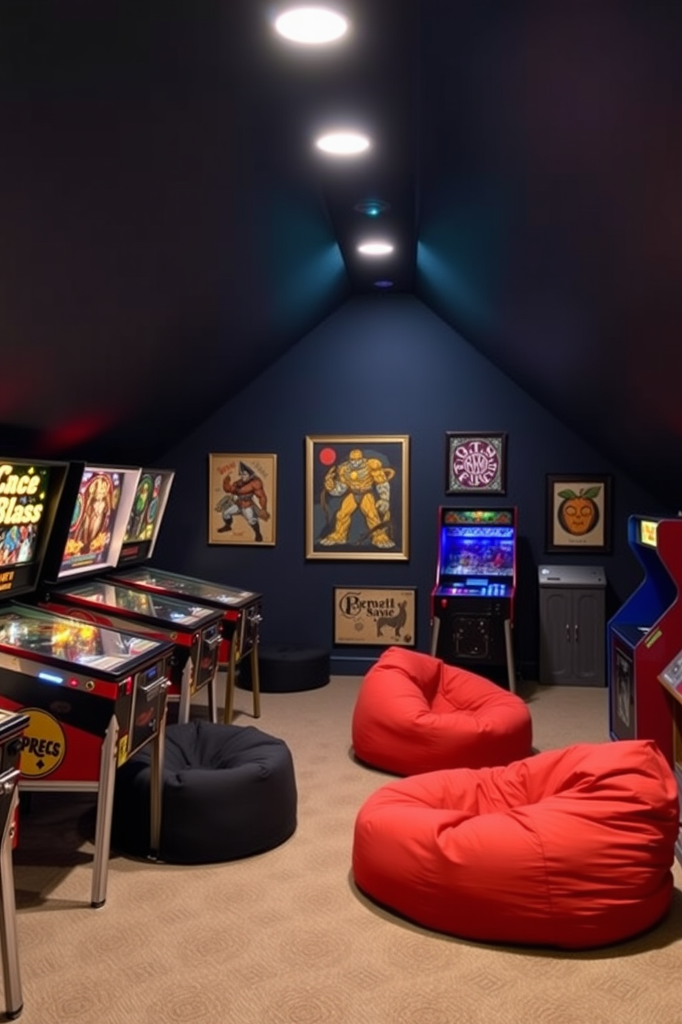 Classic pinball machines for retro vibe. The room features vintage-style pinball machines lined against the walls, with neon lights illuminating the space. Attic game room design ideas. The design includes cozy seating areas with bean bags and a retro arcade cabinet, complemented by colorful wall art and soft ambient lighting.