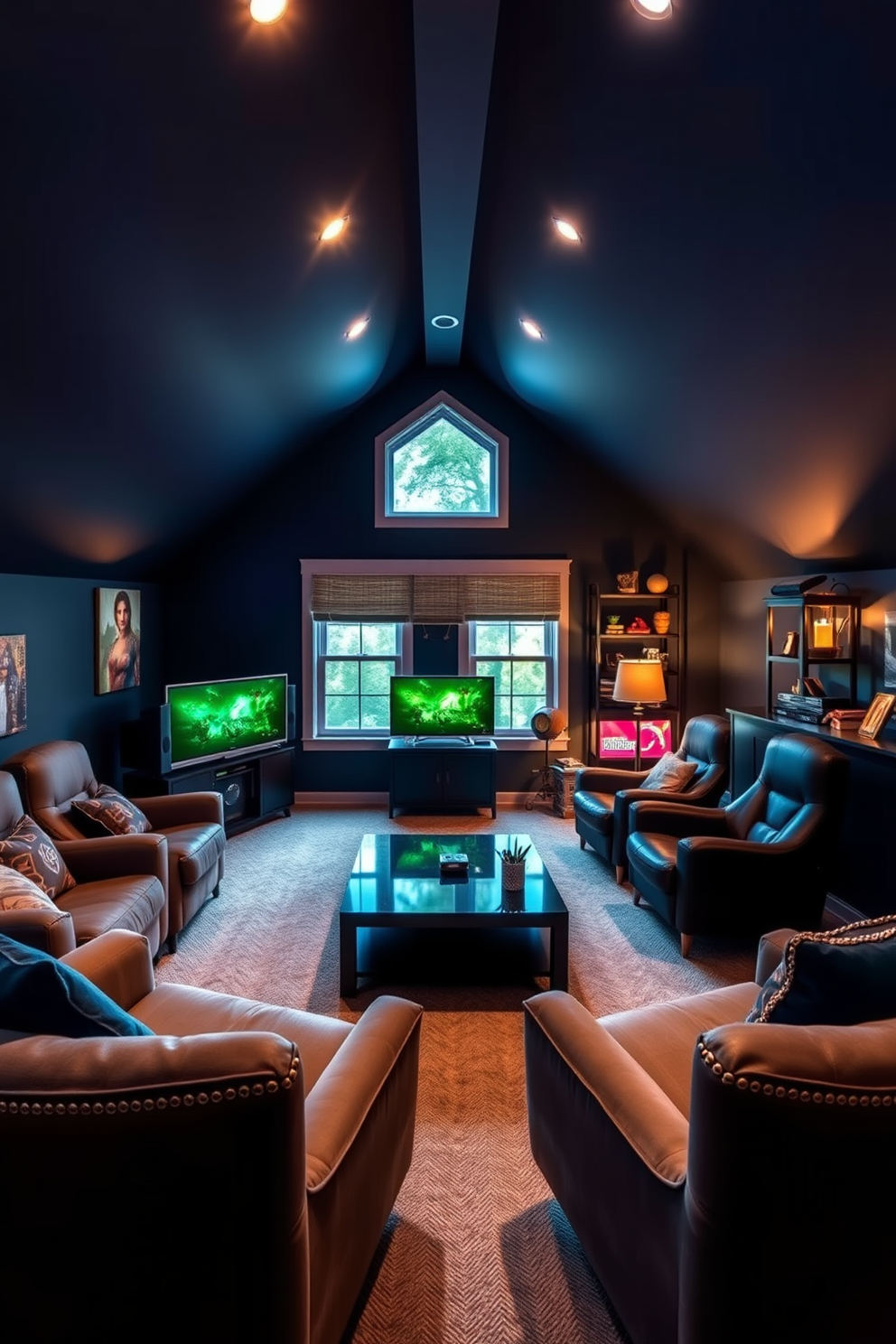 A cozy attic game room designed for relaxation and entertainment. The space features plush gaming chairs arranged around a sleek coffee table, with soft ambient lighting creating a warm atmosphere. The walls are painted in a deep navy blue, enhancing the room's immersive feel. Large windows provide natural light, and shelves are filled with games and collectibles, adding personality to the space.