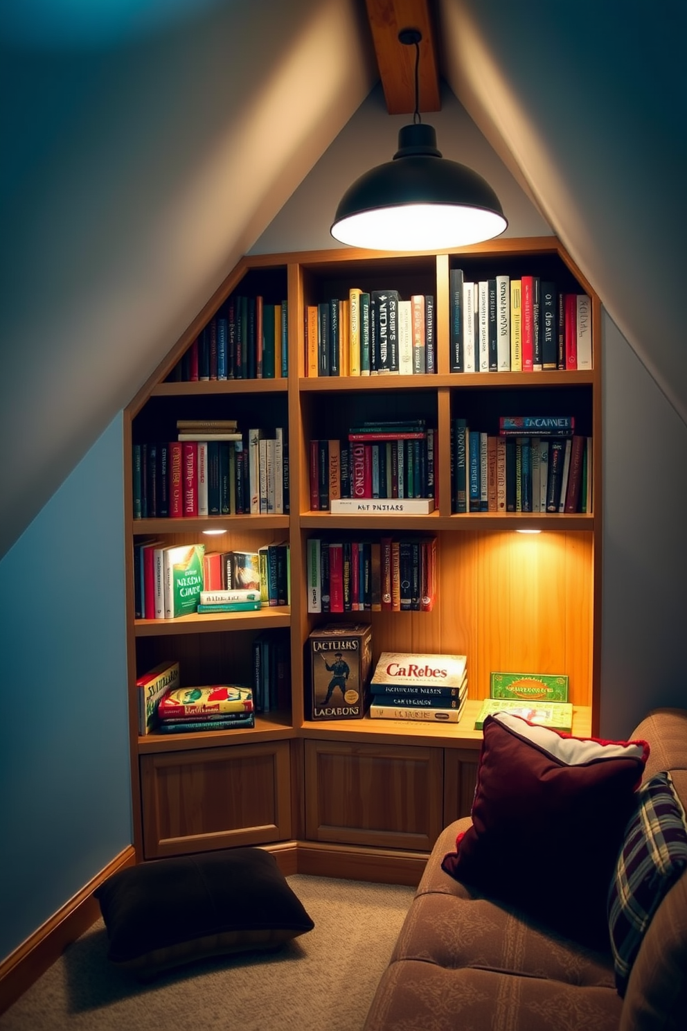 A cozy attic game room features built-in shelves filled with books and board games, creating an inviting atmosphere for relaxation and fun. Soft lighting illuminates the space, highlighting the warm wood tones of the shelves and the plush seating area adorned with colorful cushions.