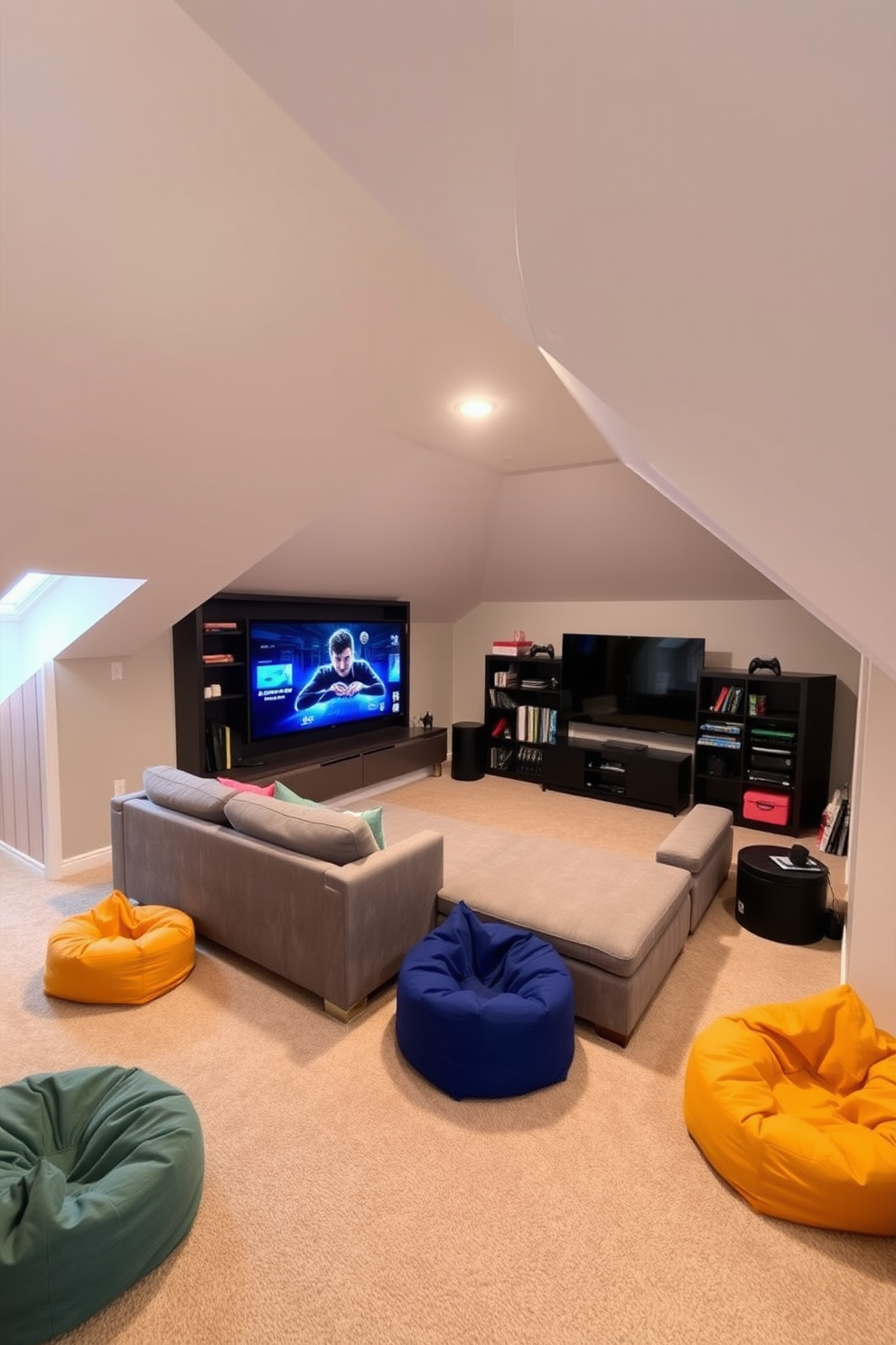 A cozy attic game room with sloped ceilings that maximizes space and functionality. The layout features a sectional sofa positioned under the lowest point of the ceiling, creating a comfortable lounging area for gaming and relaxation. A large wall-mounted television is centered on one side, with shelves for games and consoles built into the sloped walls. The flooring is a soft carpet that adds warmth, while colorful bean bags are scattered around for additional seating and a playful touch.