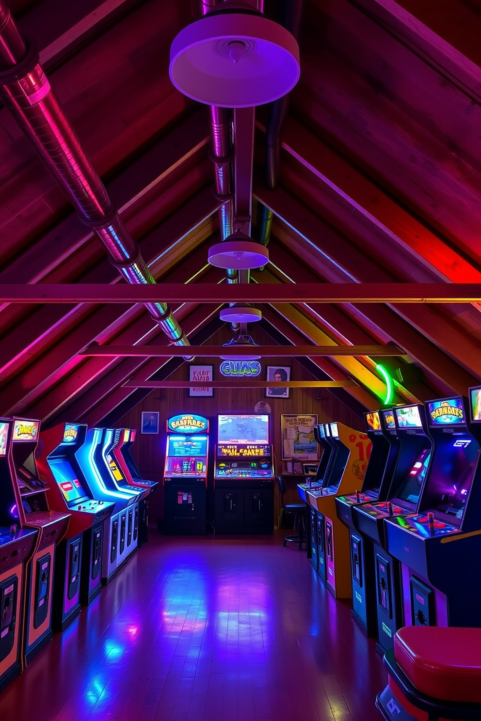 A vibrant attic game room filled with vintage arcade machines lined against the walls. Neon lights in various colors illuminate the space, creating a playful and nostalgic atmosphere.