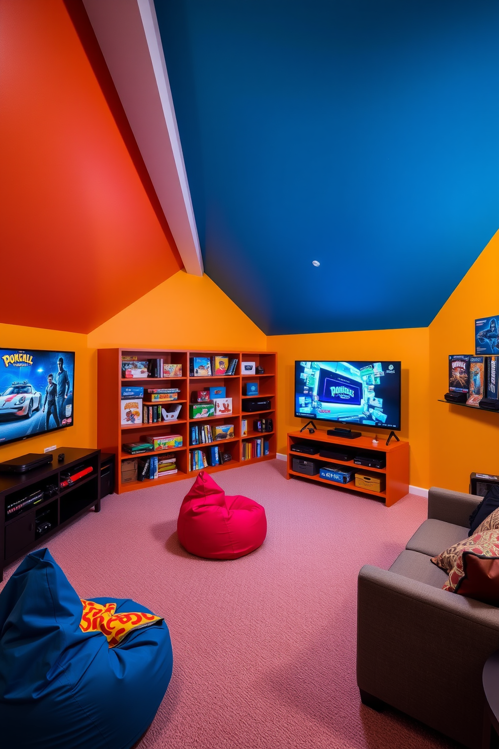 A vibrant attic game room with an interactive wall designed for game displays. The space features comfortable seating with colorful bean bags and a large flat-screen TV mounted on the wall. The walls are painted in a fun, bright color to enhance the playful atmosphere. Shelves filled with board games and gaming consoles are neatly organized, creating an inviting and engaging environment.