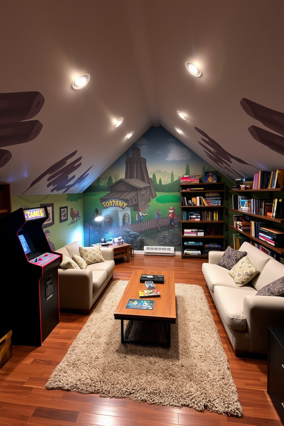 Artistic murals depicting game scenes adorn the walls of a cozy attic game room. The space features a comfortable sectional sofa, a large coffee table, and a vintage arcade machine in the corner. Soft ambient lighting enhances the playful atmosphere, while a plush area rug adds warmth underfoot. Shelves filled with board games and gaming memorabilia line one wall, creating a vibrant focal point.