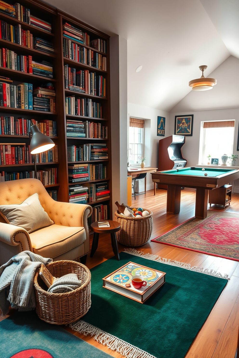 Cozy reading corner with games nearby. A plush armchair is positioned next to a tall bookshelf filled with colorful novels and board games. Soft lighting from a vintage floor lamp creates a warm atmosphere, while a small side table holds a steaming cup of tea. A woven basket filled with cozy blankets sits nearby, inviting relaxation and enjoyment. Attic game room design ideas. The space features a pool table at the center, surrounded by comfortable seating and vibrant wall art. Large windows allow natural light to flood in, illuminating a corner with a retro arcade machine and a snack bar. Bright rugs add a playful touch to the wooden floor, making it an inviting area for friends and family to gather.