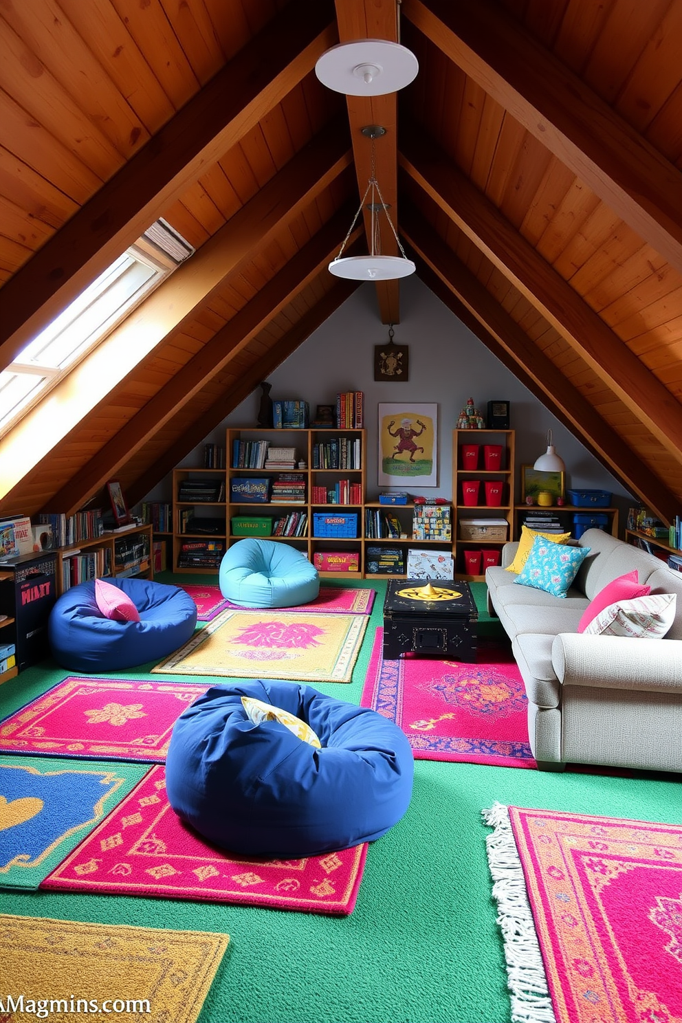 A vibrant attic game room filled with colorful rugs that define play areas. The space features a cozy seating arrangement with bean bags and a large sectional sofa, surrounded by shelves of board games and toys.