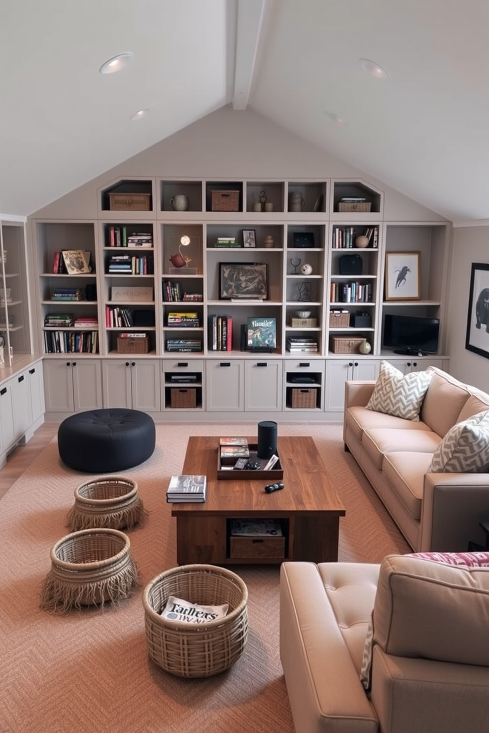 Stylish storage solutions for a tidy space. Imagine a sleek built-in shelving unit that spans an entire wall, featuring a mix of open and closed storage options. In the center, a modern coffee table with hidden compartments provides additional storage for games and books. The room is accented with decorative baskets that blend seamlessly with the overall aesthetic, ensuring everything has its place. Attic Game Room Design Ideas. Visualize a cozy attic space transformed into a game room with plush seating and a large sectional sofa. A rustic wooden coffee table sits in the middle, surrounded by a collection of board games and gaming consoles. The walls are adorned with fun artwork and soft lighting creates an inviting atmosphere for family and friends.