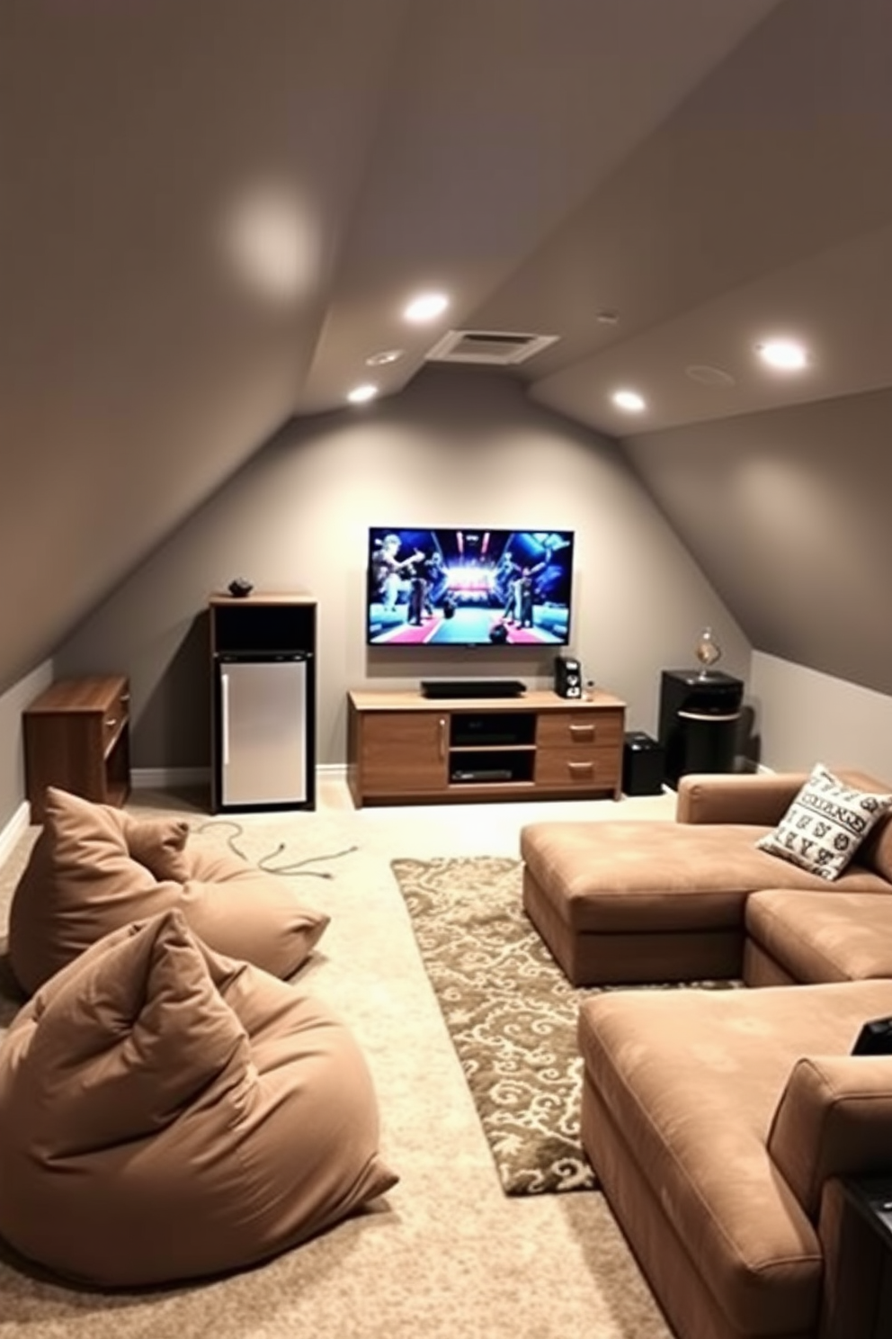 A cozy attic game room designed for gaming and movie watching. The focal point is a wall-mounted TV above a sleek entertainment console, surrounded by comfortable seating options like plush bean bags and a sectional sofa. The walls are painted a soft gray to create a relaxed atmosphere, while recessed lighting enhances the space. A small kitchenette area is included, featuring a mini-fridge and snack bar for convenience during game nights.