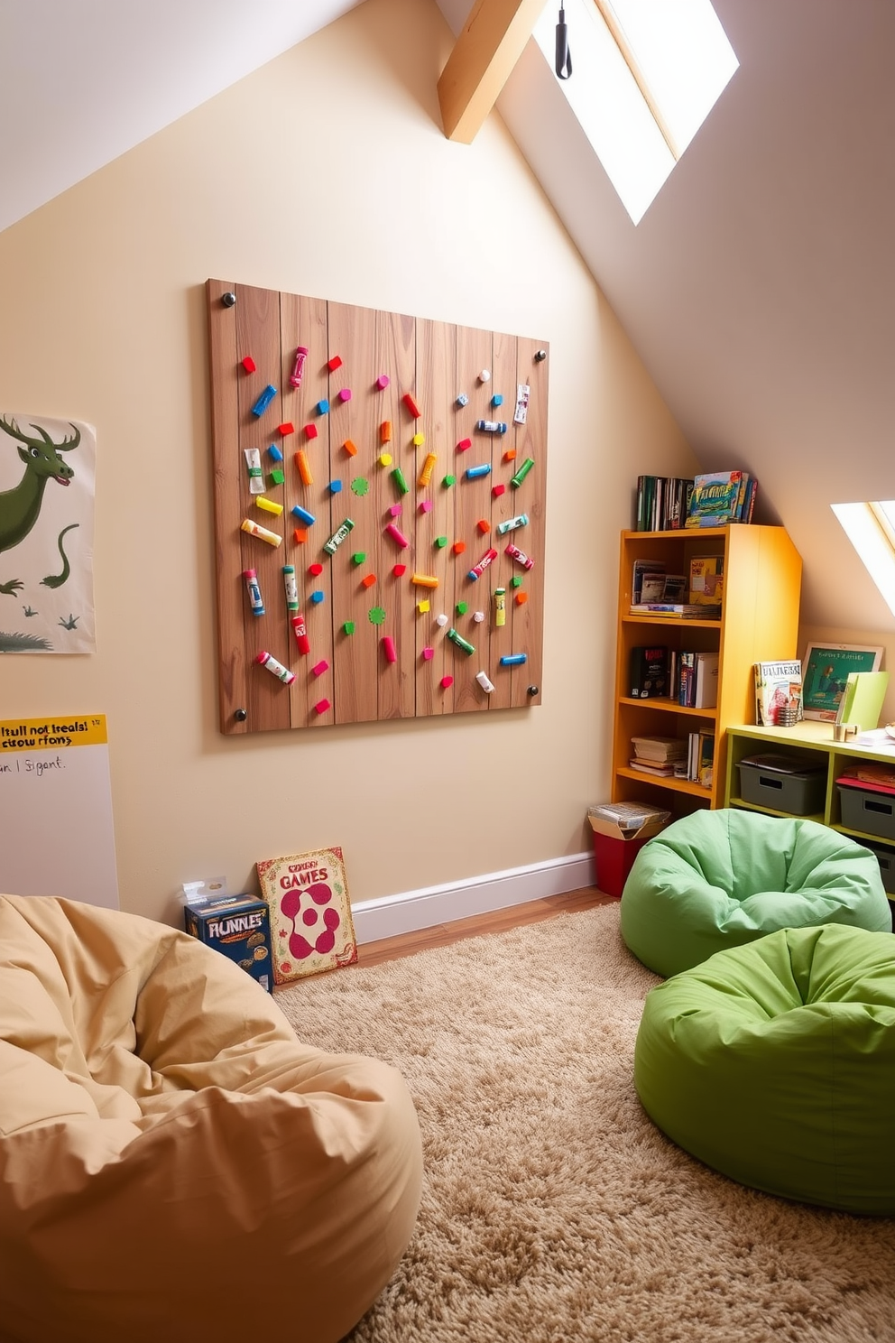 A DIY game board wall designed for creativity features a large, painted wooden board mounted on the wall. The board is filled with colorful game pieces and markers, encouraging interactive play and artistic expression. The attic game room is designed with cozy seating, including bean bags and a plush rug. Bright, playful colors adorn the walls, complemented by shelves filled with board games and creative art supplies.