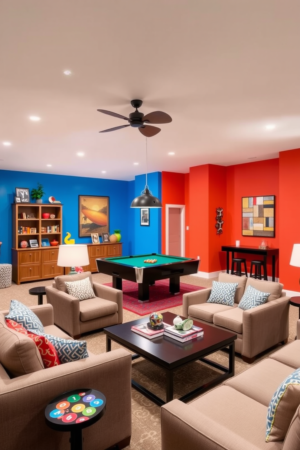 Bright accent walls to energize space. The room features a vibrant blue wall that contrasts with neutral furniture, creating an inviting atmosphere. Attic Game Room Design Ideas. The space is designed with cozy seating, a pool table, and colorful decor that reflects a playful and fun vibe.