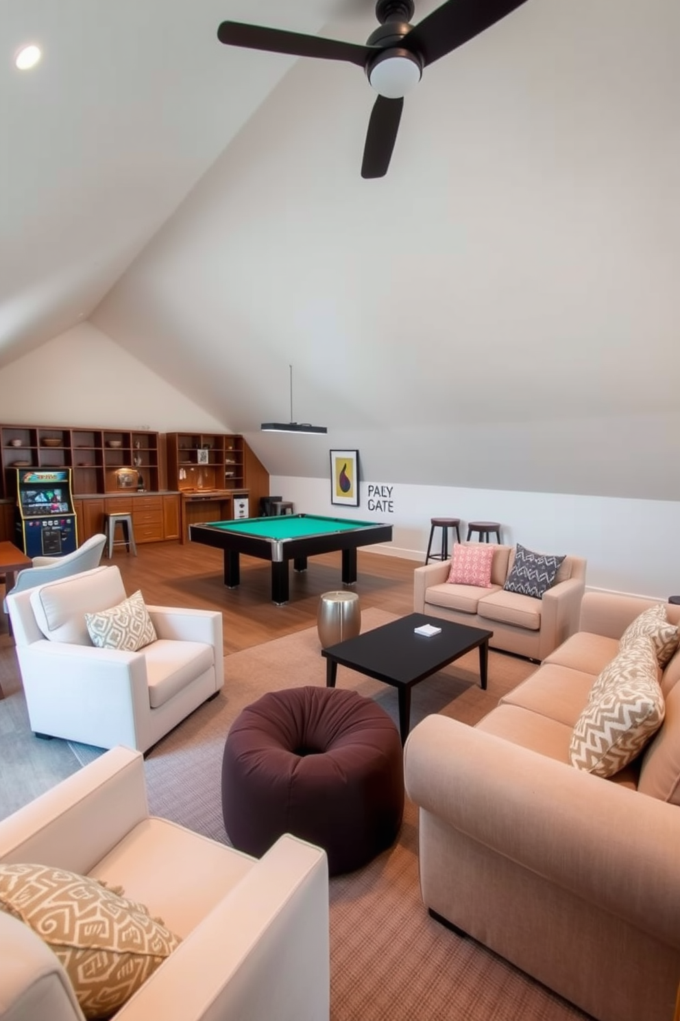 Relaxation zone with soft seating options. The area features plush armchairs and a cozy sectional sofa, all upholstered in light, breathable fabrics. Attic Game Room Design Ideas. The space is equipped with a pool table, a vintage arcade machine, and comfortable bean bags arranged around a low coffee table.