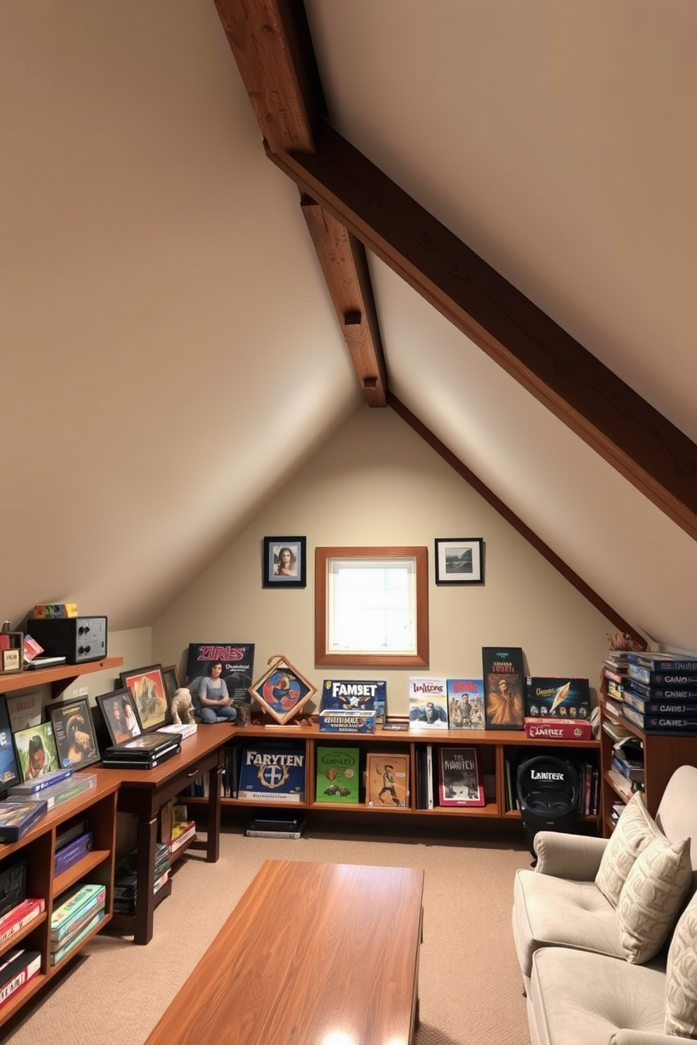 A cozy attic game room featuring rustic wooden beams overhead. The space is filled with a variety of board games displayed on shelves, inviting friends and family to gather and play.