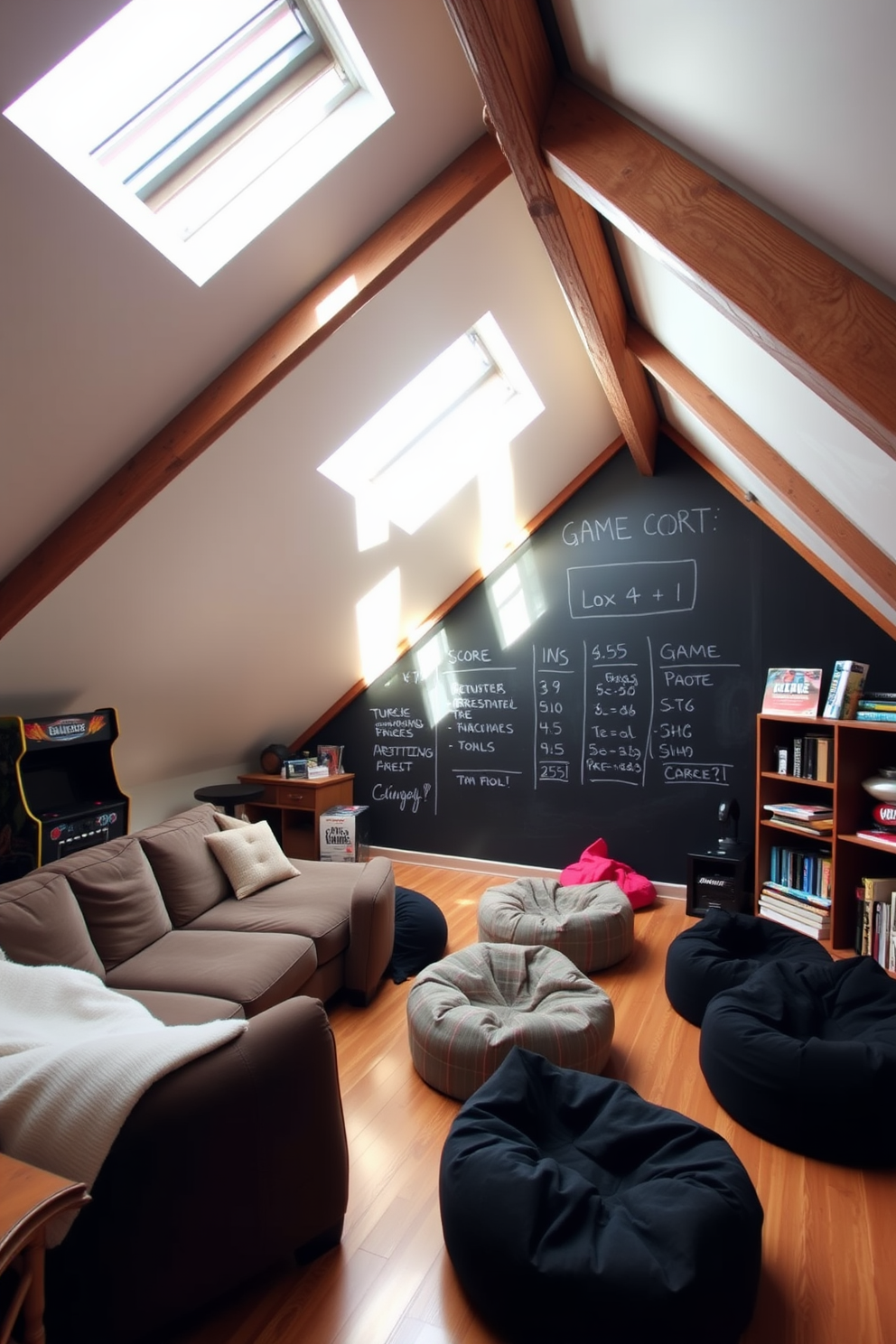 A cozy attic game room features a large chalkboard wall for game scorekeeping, providing a fun and interactive element to the space. The room is filled with comfortable seating, including a plush sectional sofa and bean bags, creating an inviting atmosphere for friends and family to gather. Natural light streams in through skylights, illuminating the rustic wooden beams and warm wooden flooring. A vintage arcade machine sits in one corner, while shelves display board games and gaming accessories, making the room a perfect retreat for entertainment.