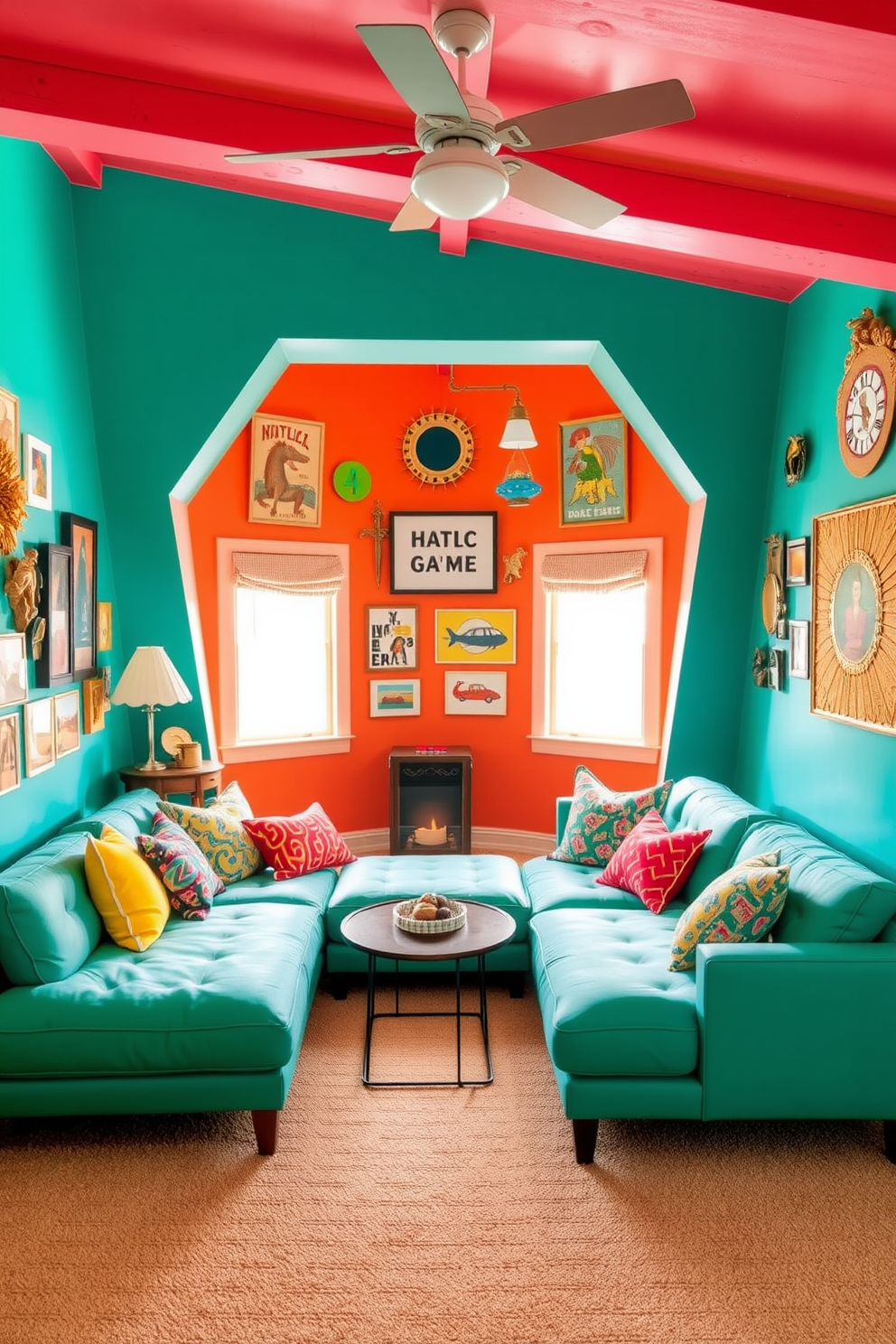 Bright colors fill the attic game room, creating a vibrant and playful atmosphere. The walls are adorned with eclectic wall art, showcasing a mix of modern and vintage pieces that spark joy and creativity. A cozy seating area features a large sectional sofa in a bold hue, complemented by colorful throw pillows. The flooring is a soft carpet in a neutral tone, providing comfort for hours of gaming and relaxation.