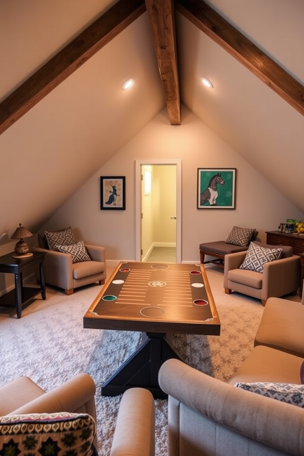 A cozy attic game room features a stylish game table at the center, surrounded by plush seating that invites relaxation and fun. The walls are adorned with soft lighting and playful artwork, creating an inviting atmosphere for family and friends to gather and enjoy games together.