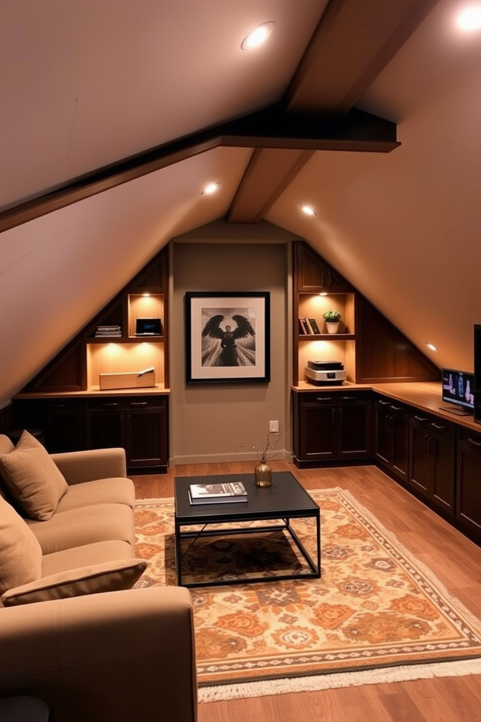 A cozy attic game room designed for hidden storage. The space features built-in cabinets seamlessly integrated into the sloped walls, providing ample storage for games and equipment while maintaining a clean aesthetic. Soft lighting illuminates the room, highlighting a comfortable seating area with plush sofas and a coffee table. A stylish rug anchors the space, creating a welcoming atmosphere for family and friends to gather and enjoy their favorite games.