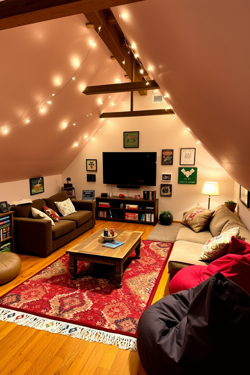 A cozy attic game room designed with soft lighting and fairy lights creating a warm ambiance. The space features a plush sectional sofa, a rustic wooden coffee table, and a large wall-mounted screen for gaming. The walls are adorned with playful artwork, and a colorful area rug adds a pop of color to the hardwood floor. Shelves filled with board games and books line one side, while bean bags provide additional seating for friends and family.