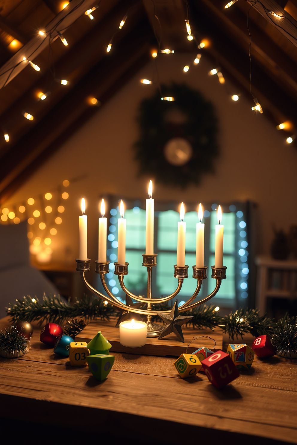 A cozy candlelit menorah display sits on a rustic wooden table. The soft glow of the candles illuminates the surrounding festive decorations, creating a warm and inviting atmosphere. Surrounding the menorah, colorful dreidels and shimmering gelt add a playful touch. Twinkling fairy lights drape gently overhead, enhancing the holiday spirit in the attic space.