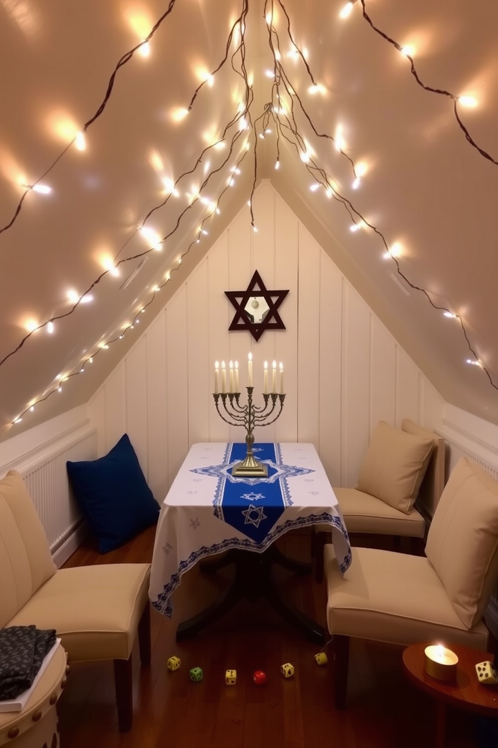 A cozy attic space adorned for Hanukkah. Soft string lights drape across the ceiling, casting a warm glow over the room. A beautifully set table features a blue and white tablecloth with menorah centerpiece. Traditional dreidels and gelt are scattered around, adding festive charm.