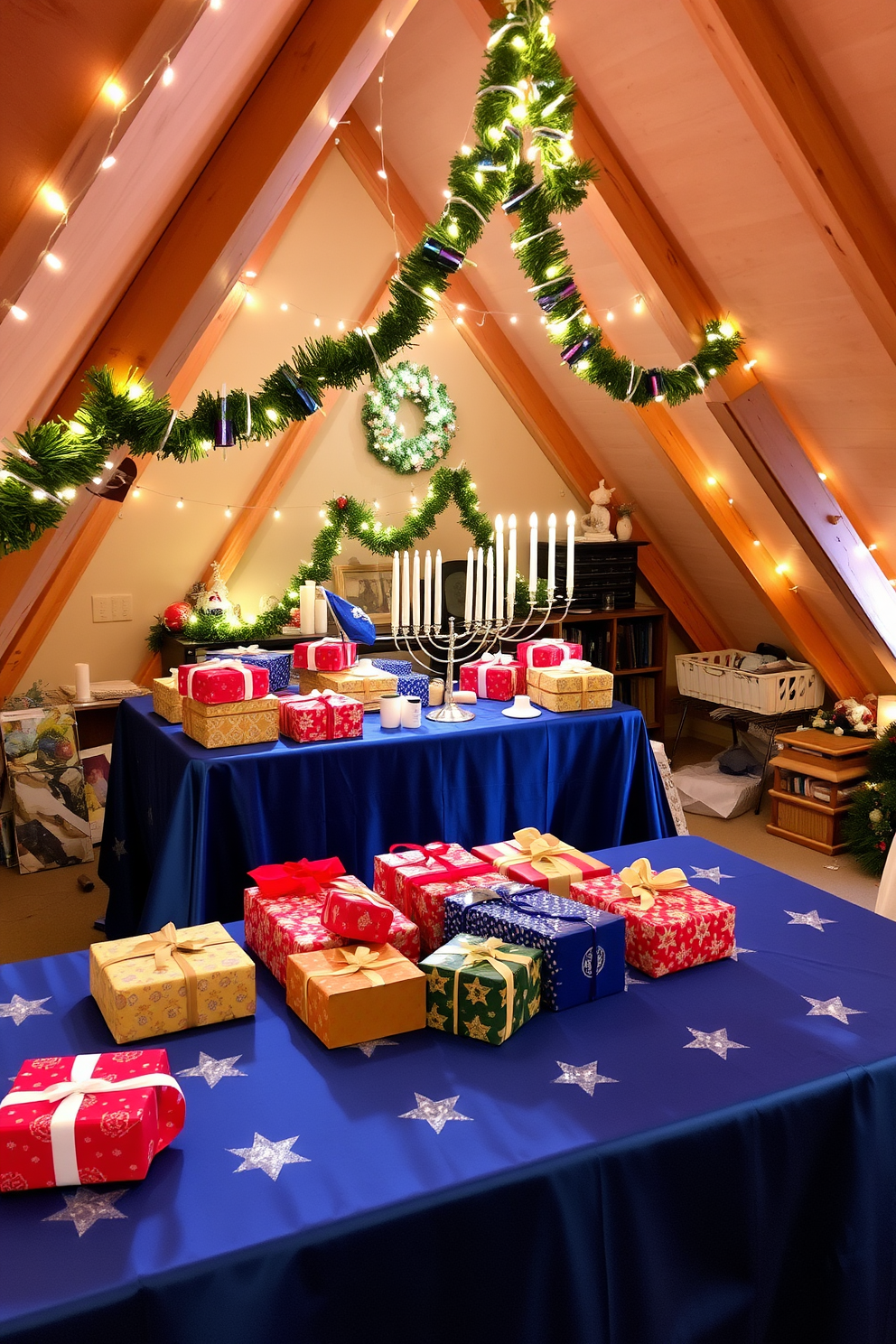 A beautifully arranged Hanukkah gift table display features an elegant tablecloth in deep blue adorned with silver stars. On the table, an assortment of wrapped gifts in vibrant colors is artfully arranged alongside a menorah with glowing candles. The attic is transformed into a cozy Hanukkah haven with twinkling fairy lights strung across the beams. Festive decorations, including dreidels and garlands, are placed thoughtfully around the space, creating a warm and inviting atmosphere.