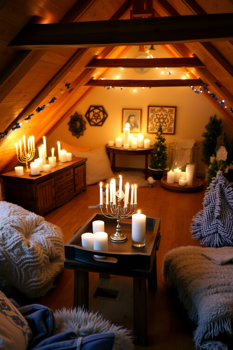 A cozy attic space decorated for Hanukkah features a collection of decorative trays arranged with various candles in different heights and sizes. Soft, warm lighting illuminates the room, creating an inviting atmosphere filled with festive decorations. The walls are adorned with blue and white accents, reflecting traditional Hanukkah colors, while a small menorah takes center stage on a rustic wooden table. Plush cushions and a soft throw blanket add comfort, making the attic a perfect spot for family gatherings during the holiday season.