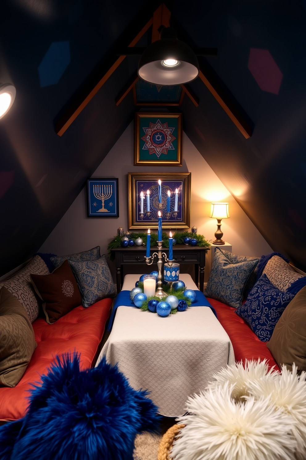 A cozy attic space transformed for Hanukkah celebrations. The walls are adorned with vibrant festive artwork, featuring menorahs and dreidels, creating a warm and inviting atmosphere. Soft lighting illuminates the room, highlighting a beautifully decorated table with blue and silver accents. Plush cushions and throws in rich fabrics invite guests to relax and enjoy the holiday spirit.