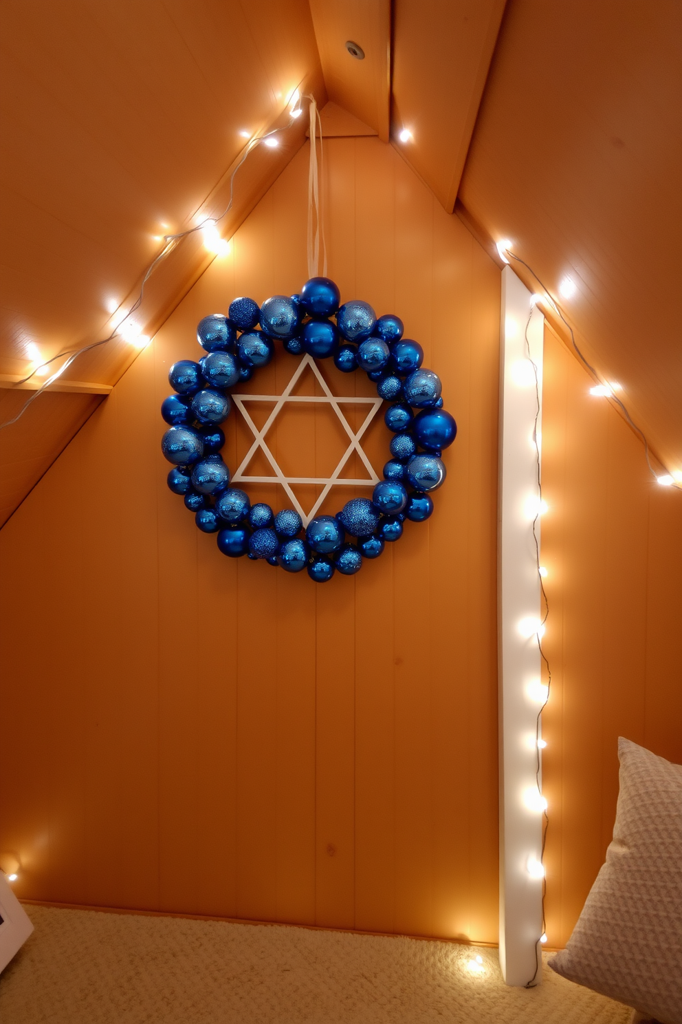 A cozy attic space adorned for Hanukkah features a beautifully crafted wreath made of blue ornaments hanging prominently on the wall. Surrounding the wreath, soft white lights twinkle, creating a warm and inviting atmosphere perfect for celebrating the holiday.