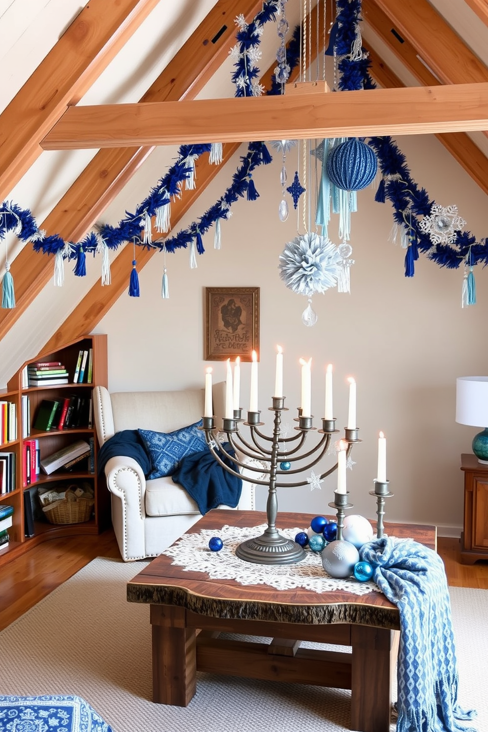 Create a cozy reading nook with blankets. The nook features a plush armchair nestled in a corner, surrounded by shelves filled with books and soft lighting. Attic Hanukkah decorating ideas include hanging blue and silver decorations from the beams. A large menorah sits on a rustic wooden table adorned with festive ornaments and candles.