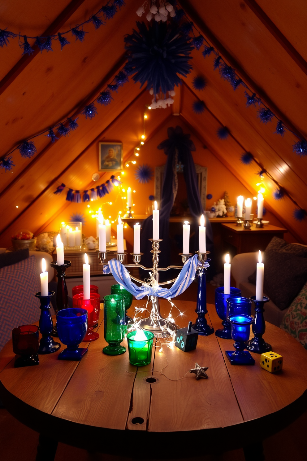 A cozy attic space decorated for Hanukkah. Colorful glass candle holders are arranged on a rustic wooden table, casting warm, vibrant light throughout the room. The walls are adorned with blue and white decorations, creating a festive atmosphere. A beautifully draped menorah sits at the center, surrounded by twinkling fairy lights and traditional dreidels.