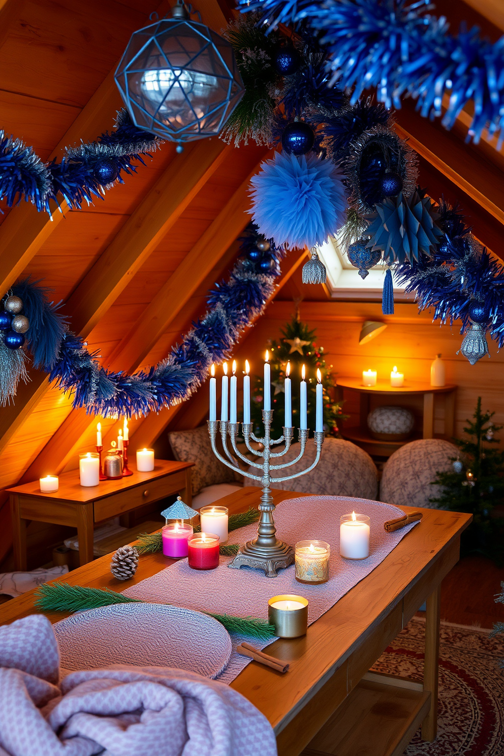 A cozy attic space decorated for Hanukkah. There are blue and silver decorations hanging from the ceiling, with a beautifully arranged menorah on a rustic wooden table surrounded by colorful candles. The scent of pine and cinnamon fills the air from strategically placed candles. Soft, warm lighting creates an inviting atmosphere, highlighting the festive decor and handmade ornaments throughout the room.