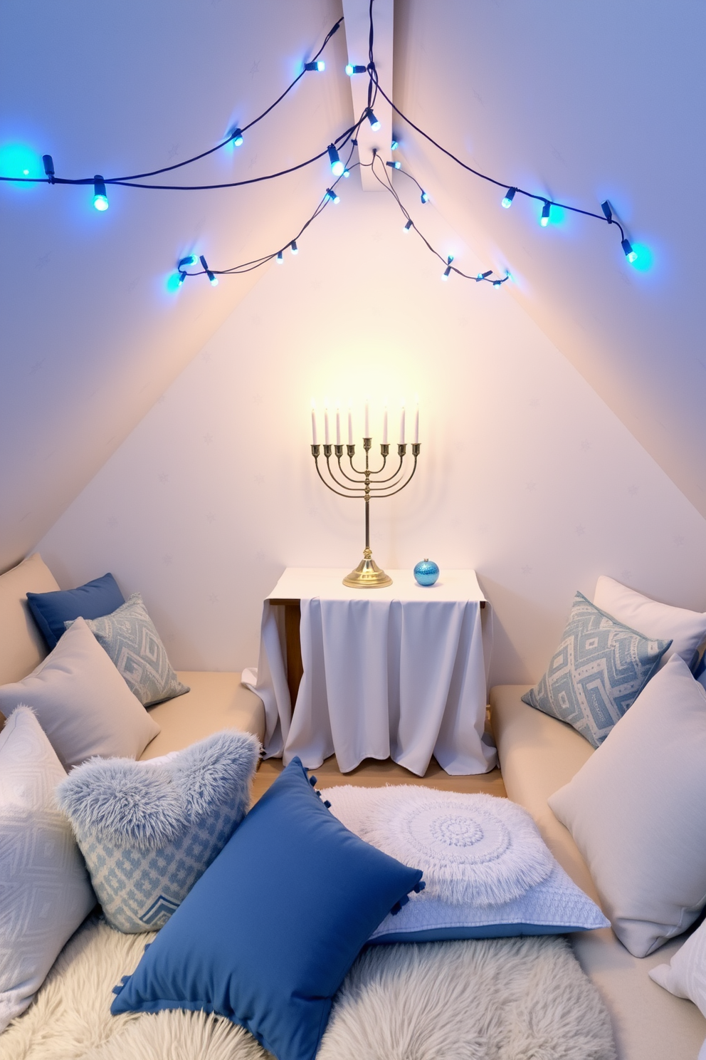 A cozy attic space decorated for Hanukkah features soft blue and white color schemes throughout. The walls are adorned with delicate blue and white star patterns, while a large menorah stands proudly on a wooden table draped with a white tablecloth. String lights in blue illuminate the room, creating a warm and inviting atmosphere. Decorative pillows in various shades of blue and white are scattered across a plush seating area, adding comfort and style to the festive setting.