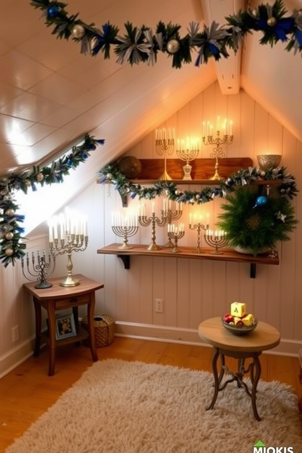 A charming attic space is transformed into a cozy Hanukkah setting with a collection of vintage menorahs displayed on a rustic wooden shelf. Soft, ambient lighting highlights the intricate details of each menorah, creating a warm and inviting atmosphere. Surrounding the menorahs, festive decorations such as blue and silver garlands drape across the walls, while a plush area rug adds comfort underfoot. A small table nearby features a traditional dreidel and a bowl of gelt, enhancing the festive spirit of the attic.