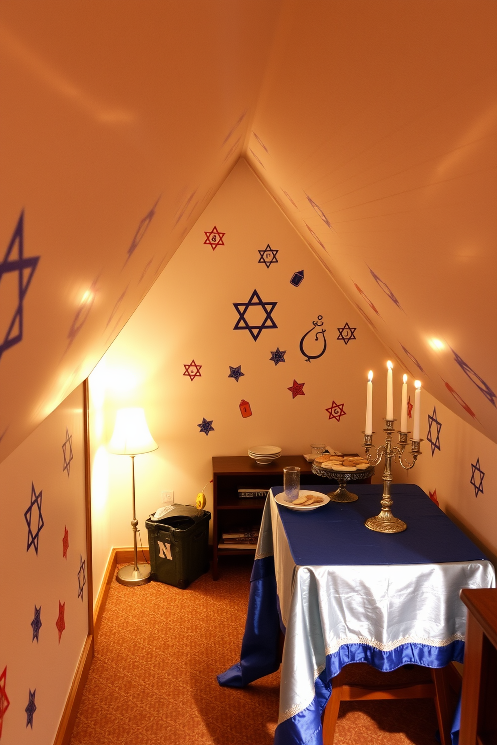 A cozy attic space transformed for Hanukkah celebrations. The walls are adorned with colorful Hanukkah themed wall decals featuring menorahs and dreidels, creating a festive atmosphere. Soft, warm lighting illuminates the area, enhancing the charm of the attic. A small table is set up with a beautiful blue and silver tablecloth, displaying traditional Hanukkah treats and candles.