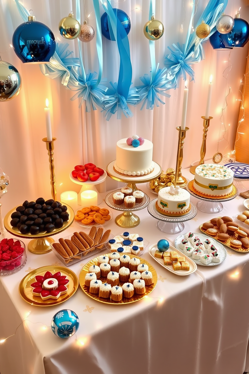 Create a festive dessert table adorned with an array of colorful treats. The table features a white tablecloth, gold accents, and decorative candles, creating a warm and inviting atmosphere. Incorporate various desserts like chocolate gelt, sufganiyot, and a beautifully decorated cake. Surround the table with festive decorations, including blue and silver ornaments and twinkling fairy lights to enhance the celebratory mood.