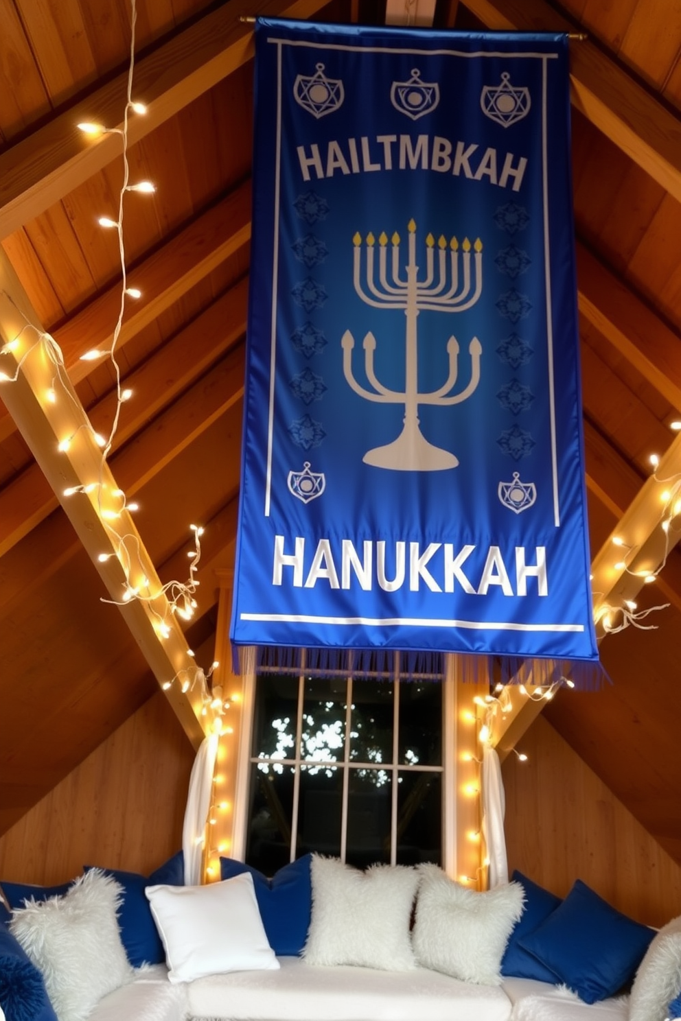 A large Hanukkah banner hangs prominently in the attic, creating a festive focal point for the celebration. The banner features vibrant blue and silver colors, adorned with traditional symbols like menorahs and dreidels, enhancing the holiday spirit. Surrounding the banner, cozy seating areas are decorated with plush cushions in shades of blue and white. Twinkling fairy lights drape across the beams, adding warmth and a magical ambiance to the space.