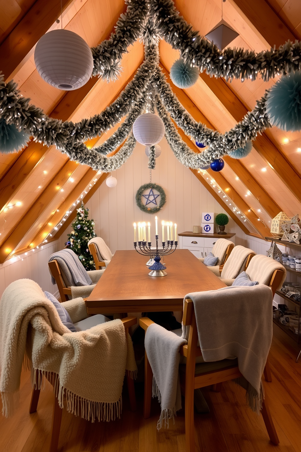 A cozy attic space adorned for Hanukkah. Soft blue and silver decorations hang from the beams, creating a festive atmosphere. A large wooden table is set with a beautiful menorah at the center. Surrounding the table are plush chairs, each draped with a warm blanket for added comfort. Twinkling fairy lights are strung along the walls, enhancing the holiday spirit. A collection of decorative dreidels and star of David ornaments are arranged on a nearby shelf, adding a touch of tradition.